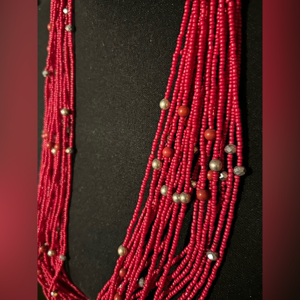 Chic Multi-Strand Red Beaded Necklace - Picture 2 of 3